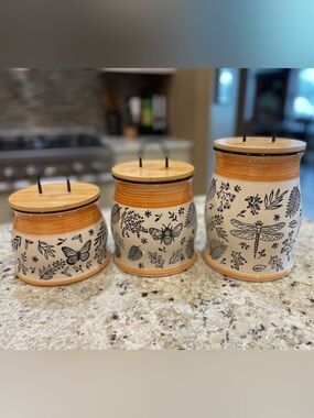 Whimsical Bee, Dragonfly and Butterfly Canister Set of 3 with Bamboo lids